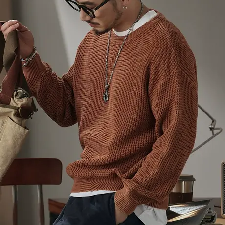 百搭圆领宽松慵懒风长袖毛衣百搭定制精梳混纺睛纶棉休闲毛衣男商品大图