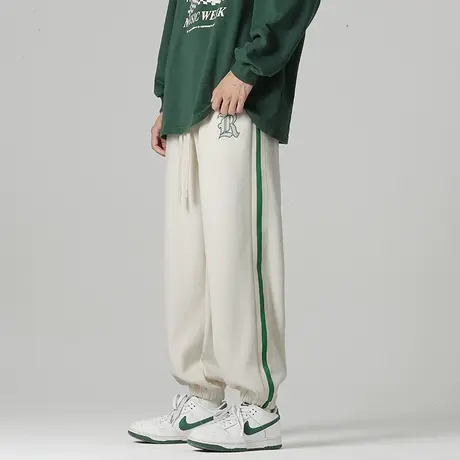 侧边条纹白色运动卫裤男士哈伦束脚宽松紧腰休闲长裤子青少年春季商品大图