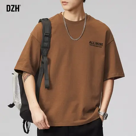 男士美式棕色t恤男短袖夏季2023新款宽松圆领上衣五分袖衣服男款商品大图