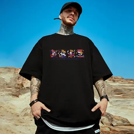 美式复古t恤宽松重磅半袖男款胖子潮牌大码男生短袖oversize简约商品大图