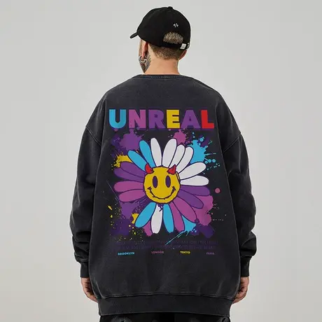 重磅美式复古圆领大码卫衣男纯棉水洗做旧高街外套加绒春秋款冬季商品大图