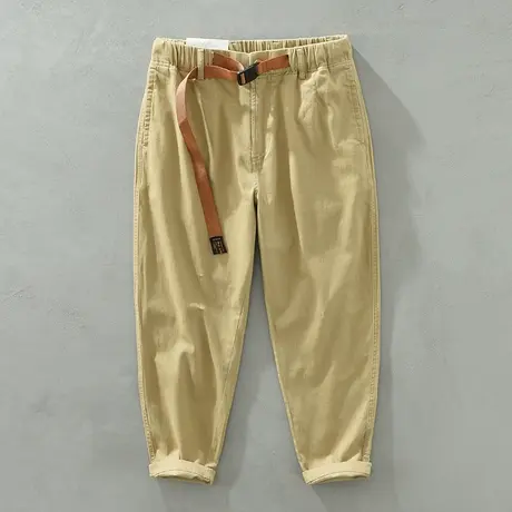 男士休闲裤春季新款裤子黑色男款日系复古卡其色男生九分裤带腰带商品大图