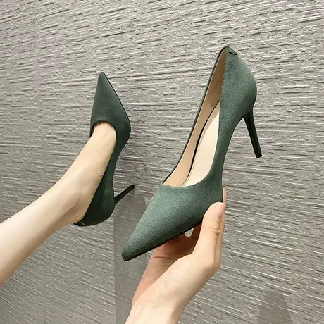 2024年春季新款绒面百搭高跟鞋女细跟性感尖头浅口单鞋职业工作鞋商品大图