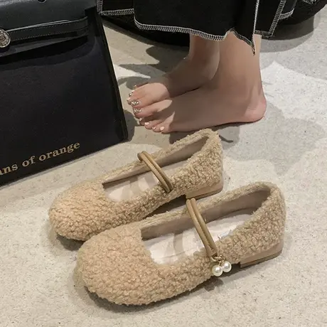 2023秋冬新款法式羊羔毛毛鞋女浅口豆豆鞋平底软底保暖棉鞋奶奶鞋商品大图