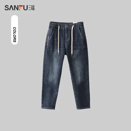 三福2023冬男士腰头抽绳锥形牛仔裤 时尚英文合身厚长裤479236图片