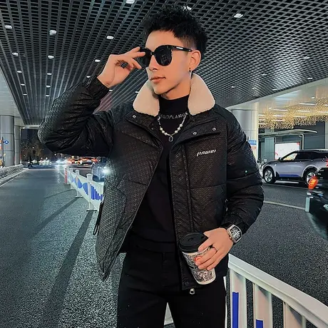 设计感肌理感棉服冬季新款羊羔毛翻领拼接防寒痞帅机车服棉衣外套图片