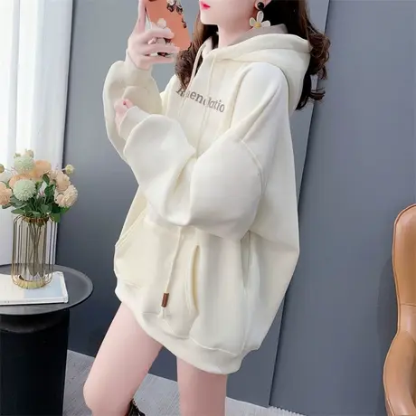 加绒加厚连帽卫衣外套女中长款2023新款秋冬宽松百搭oversize上衣商品大图