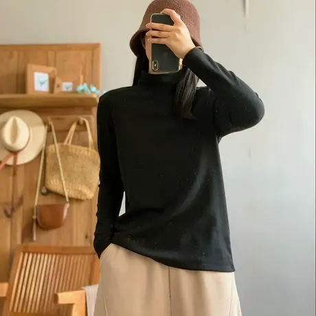 dza复古纯色拼接高领打底衫女秋冬洋气内搭T恤衫宽松休闲长袖上衣商品大图