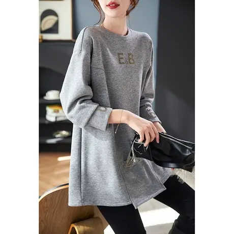 宝诗黎2024春季新款圆领字母烫钻加绒卫衣女宽松长袖落肩T恤上衣图片