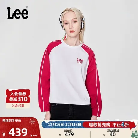 Lee24早春新品舒适版圆领插肩袖尼龙抽绳印花Logo女长袖T恤图片