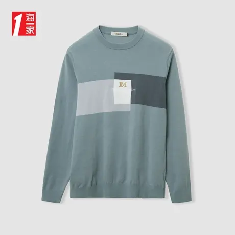 海一家简约刺绣长袖毛衣2024春季新款时尚撞色男士针织衫商品大图