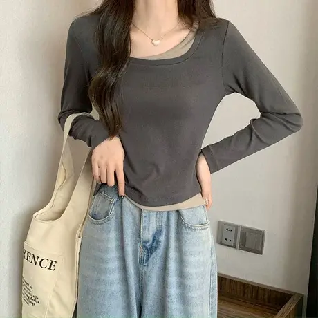 假两件拼接方领打底衫女2024春季新款洋气短款修身t恤设计感上衣商品大图