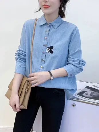 牛仔衬衫女新款2024春季设计感上衣小众复古港风宽松长袖衬衣外套商品大图