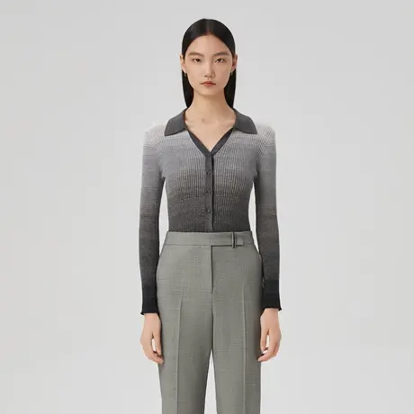 LANCY/俪雅春季新款渐变针织开衫外套女翻领收腰女图片