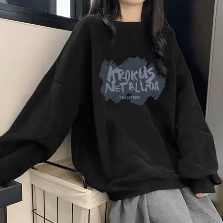 无帽卫衣女春秋加绒加厚美式复古大码胖mm设计感小众宽松长袖上衣商品大图