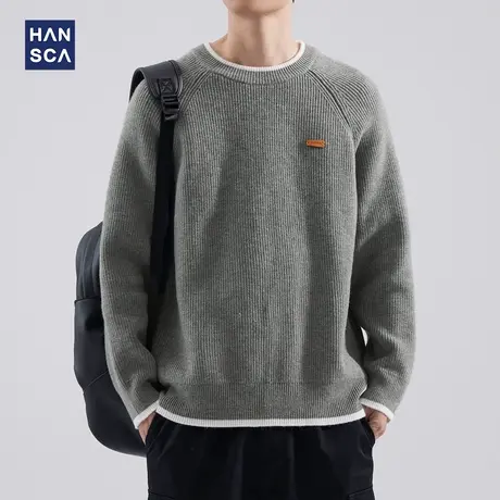 hansca日系圆领套头毛衣冬季男士宽松简约慵懒风插肩设计感针织衫商品大图