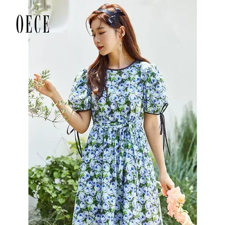 Oece复古碎花裙夏装新款女温柔泡泡袖系带气质连衣裙图片