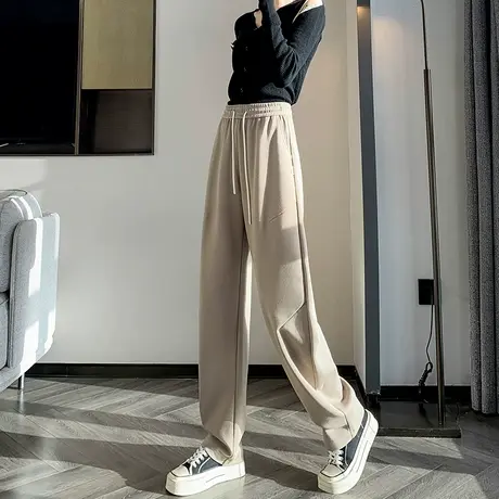 阔腿裤女休闲2024春季新款宽松显瘦抽绳松紧腰压褶卫裤窄版直筒裤图片