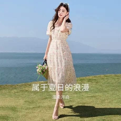 【直播间】香影方领碎花连衣裙女2024夏装新款甜美粉色裙法式裙图片