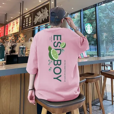 港风短袖t恤男夏季五分半袖男纯棉上衣休闲宽松无性别白色体恤衫T商品大图