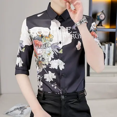 潮牌花衬衫男士七分袖夏季个性发型师痞帅气衬衣潮流网红寸衫上衣商品大图