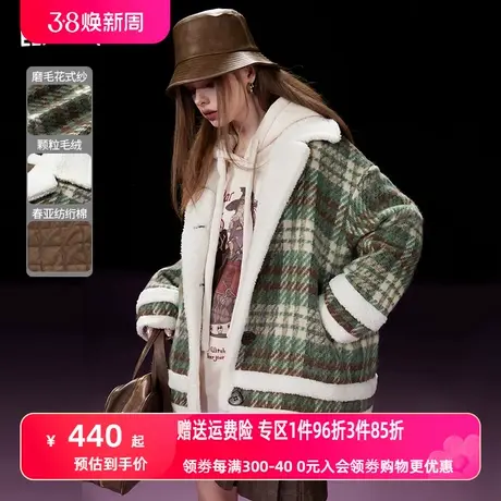 妖精的口袋拼接格纹毛呢外套女2023冬季新款小个子宽松呢子大衣图片
