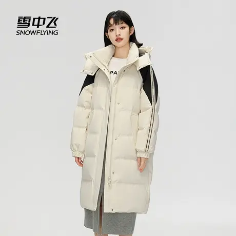 雪中飞羽绒服女中长款2023新款冬季连帽时尚撞色保暖宽松休闲外套图片