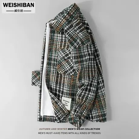 美式复古粗花线格子外套男潮流高级感痞帅长袖衬衣廓形拼色衬衫男商品大图