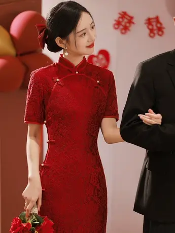 旗袍敬酒服新娘夏季酒红色订婚礼服连衣裙小个子高级感结婚改良女商品大图