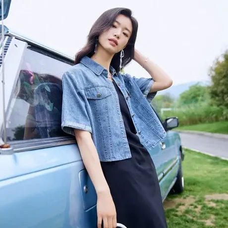 时尚气质牛仔短袖外套2023年夏季新款女士宽松显瘦通勤百搭上衣商品大图