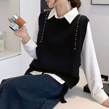 叠穿针织背心马甲女春秋2023新款设计感慵懒外穿宽松毛衣坎肩马夹商品大图