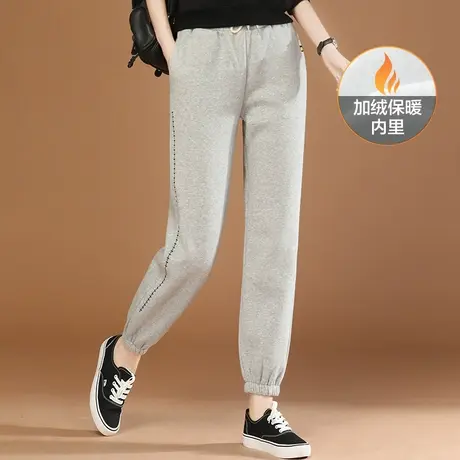 韩潮袭人松紧腰刺绣加绒灰色卫裤女2023冬新款显瘦运动休闲束脚裤图片