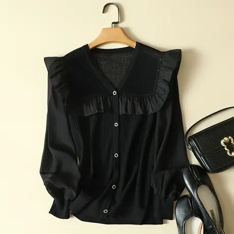 冰丝针织开衫女秋季2023年新款雪纺长袖宽松上衣洋气蕾丝打底衫女图片