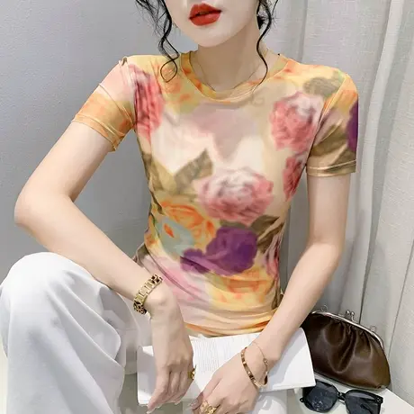 漂亮印花上衣女短袖夏季2023新款气质网纱圆领T恤百搭时尚小衫超商品大图
