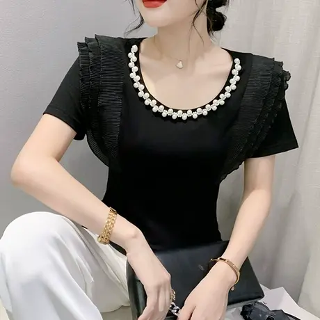 欧货木耳边短袖T恤女士夏装2023新款设计感钉珠圆领上衣显瘦小衫商品大图