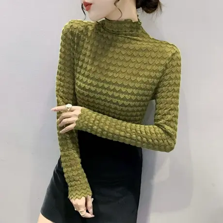 性感镂空蕾丝打底衫女春秋紧身内搭半高领长袖上衣气质百搭小衫潮图片