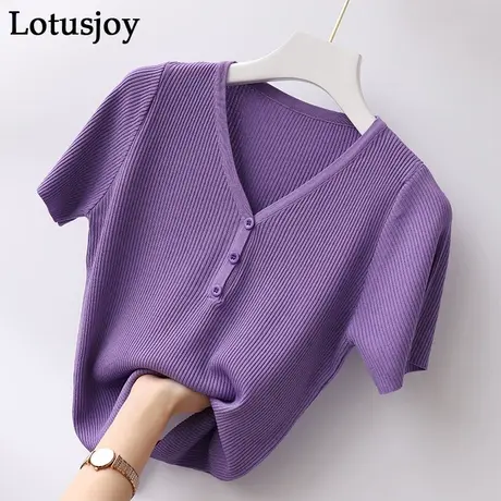 春夏新款t恤女短袖韩版短款v领修身纯色时尚冰丝打底针织百搭显瘦图片