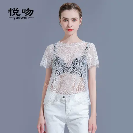 高端蕾丝透视打底衫女内搭夏季薄款镂空短袖上衣性感内搭小衫短款商品大图