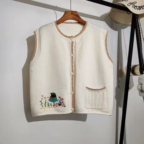 针织马甲开衫女春秋新款韩版宽松圆领百搭小清新绣花毛衣背心外套商品大图