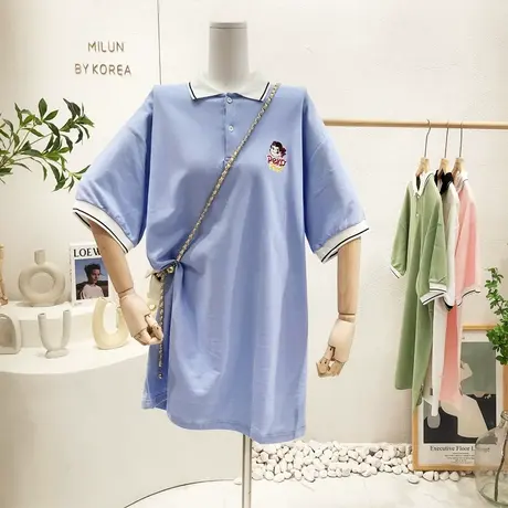 夏季韩国东大门连衣裙学院风polo领日系甜美中长款短袖T恤裙大码商品大图
