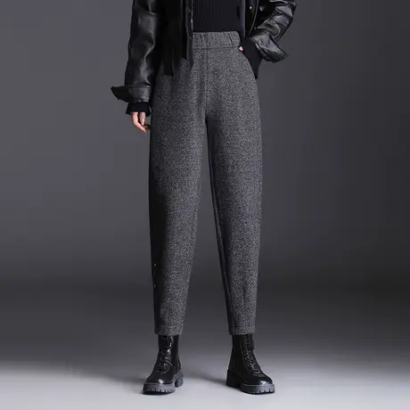 厚款羊毛呢萝卜裤女秋冬2023新款松紧腰大码宽松哈伦裤九分休闲裤图片