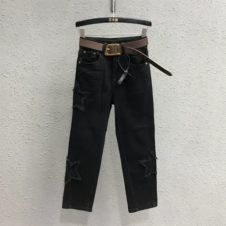 个性休闲贴布牛仔裤女2023秋季新款时尚高腰显瘦九分直筒裤烟管裤图片