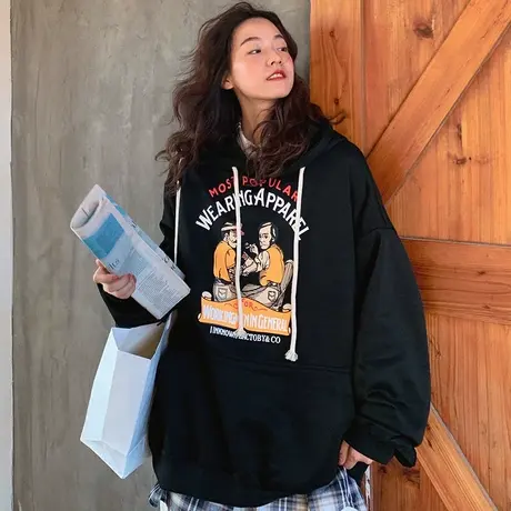 日系古着卫衣女春秋薄款宽松韩版潮ins连帽上衣原宿bf慵懒风外套图片