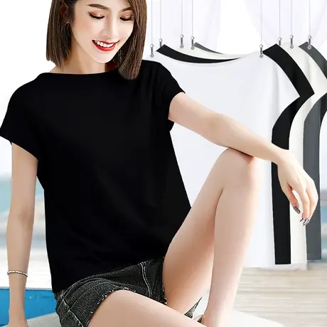 黑色天丝插肩短袖t恤女夏款新款冰爽宽松打底衫体恤一字肩上衣女图片