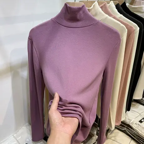 欧货高领柔软加薄绒长袖T恤女2022秋冬装新款纯色内搭打底衫上衣图片