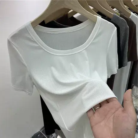 螺纹短袖t恤女2023春夏新款圆领修身打底衫体恤小衫纯色百搭上衣图片