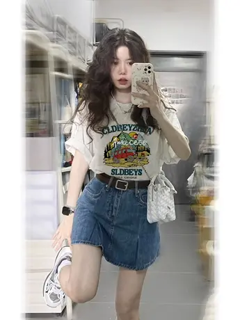 白灰色纯棉短袖t恤女小个子夏季美式复古港味chic宽松半袖上衣服图片