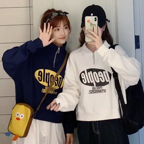 短款卫衣女潮ins春秋薄款宽松韩版bf慵懒风小个子半高领拉链上衣商品大图