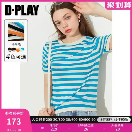 DPLAY2023夏新100羊毛法式经典蓝白条纹圆领短袖宽松针织小衫商品大图