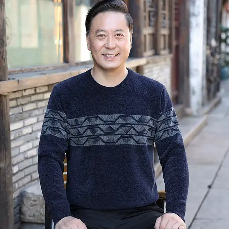 冬季新款中老年人男士雪尼尔加绒加厚毛衣服圆领保暖针织衫爸爸装商品大图
